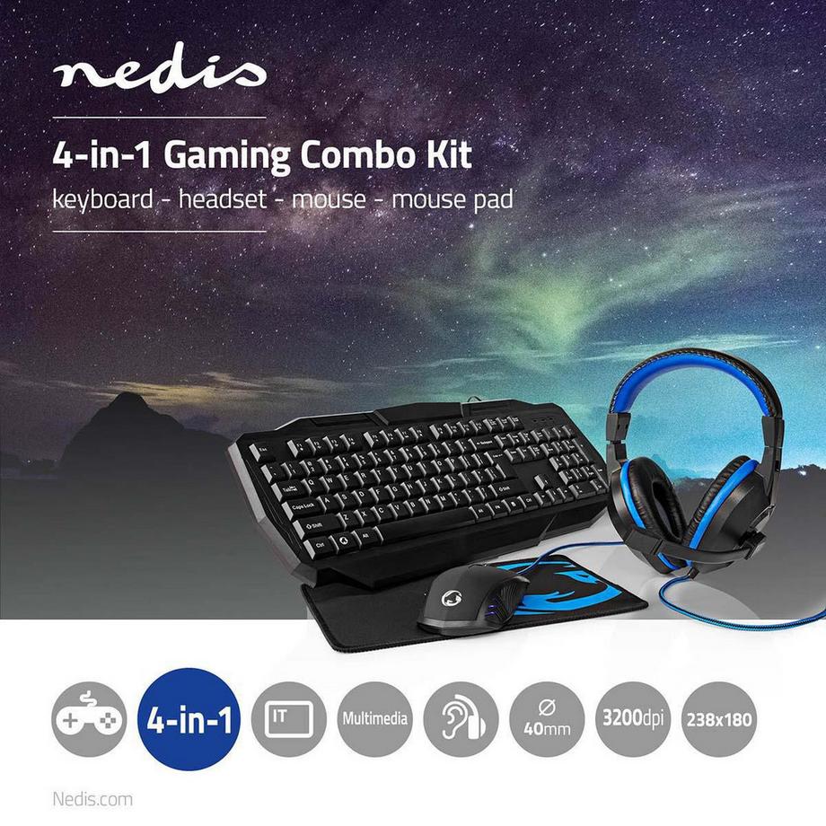 Nedis  Gaming Combo Kit | 4-in-1 | Tastatur, Headset, Maus und Mauspad | Blau / Schwarz | QWERTY | IT Layout 