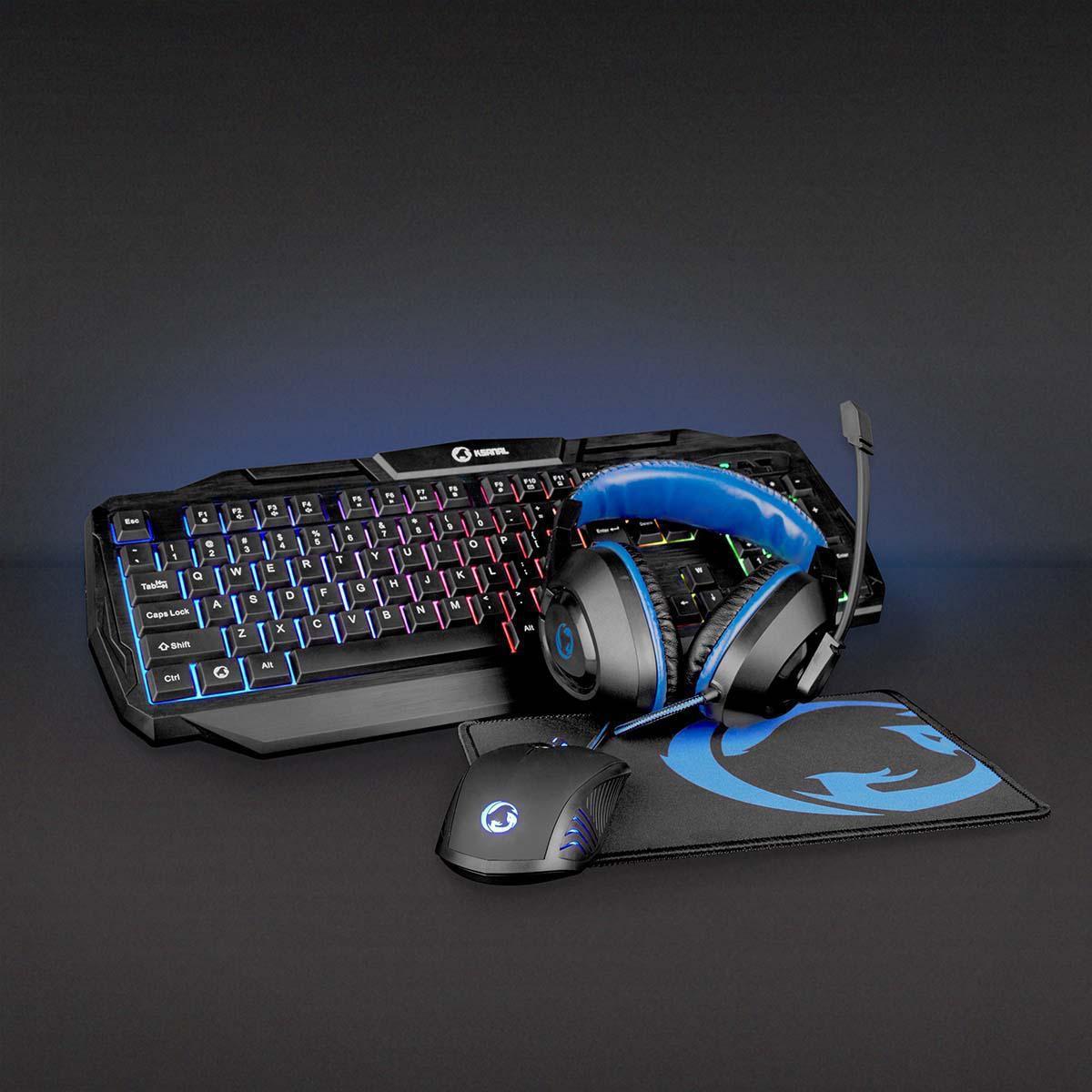 Nedis  Gaming Combo Kit | 4 in 1 | Tastiera, cuffie, mouse e tappetino per mouse | Blu / Nero | QWERTY | Layout IT 