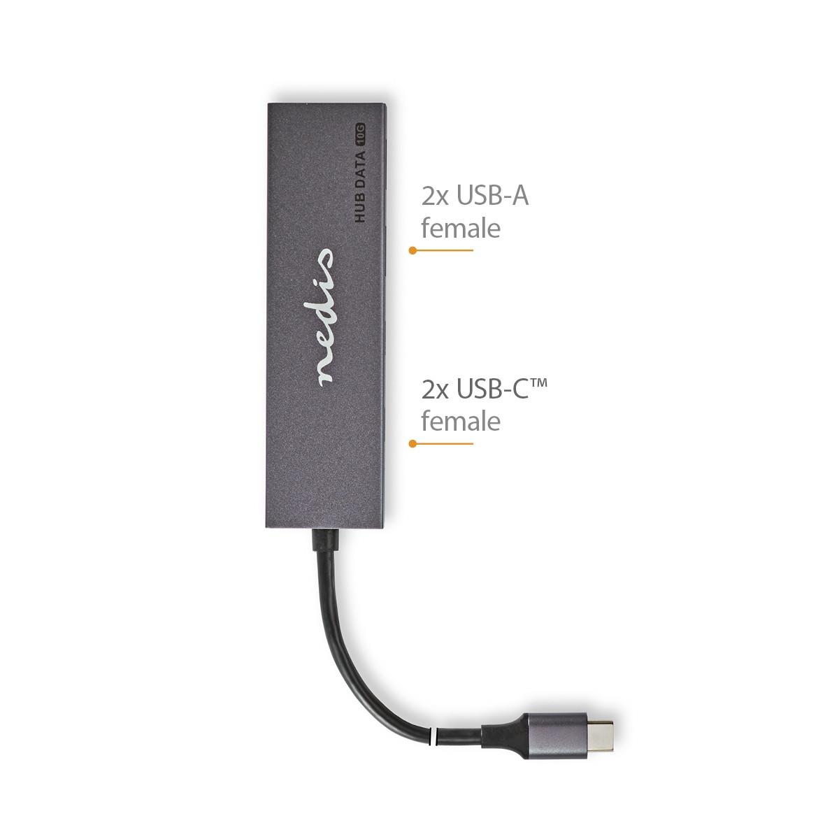Nedis  USB-hubb | 1x USB-C™ 3.2 Gen 2 Male | 2x USB-A 3.2 Gen 2 Female / 2x USB-C™ 3.2 Gen 2 Female | 4-Port-Anschluss(e) | USB 3.2 Gen 2 | USB ström | 10 Gbps 