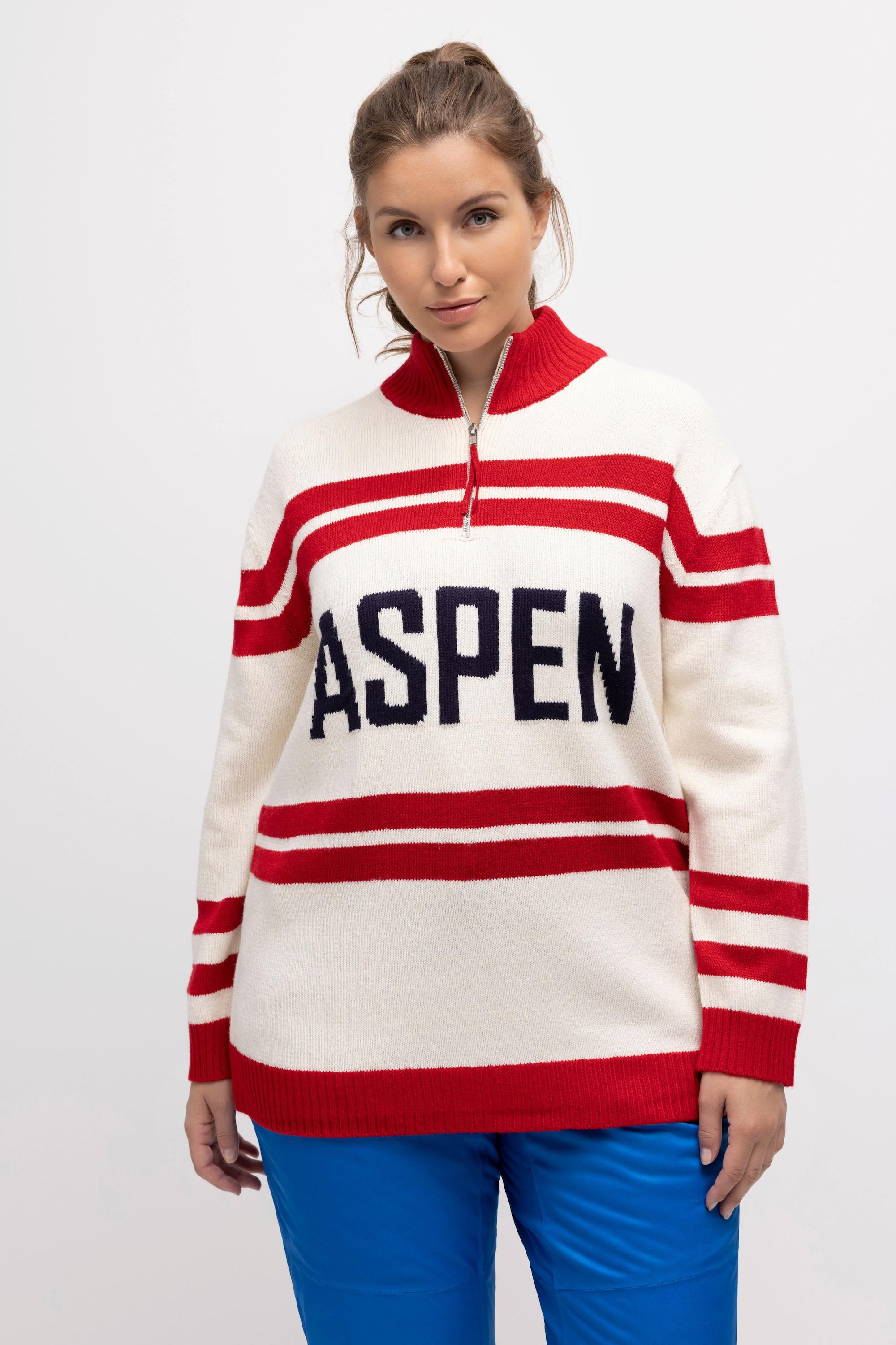 Ulla Popken  Maglione polo con scritta, collo alto e maniche lunghe 