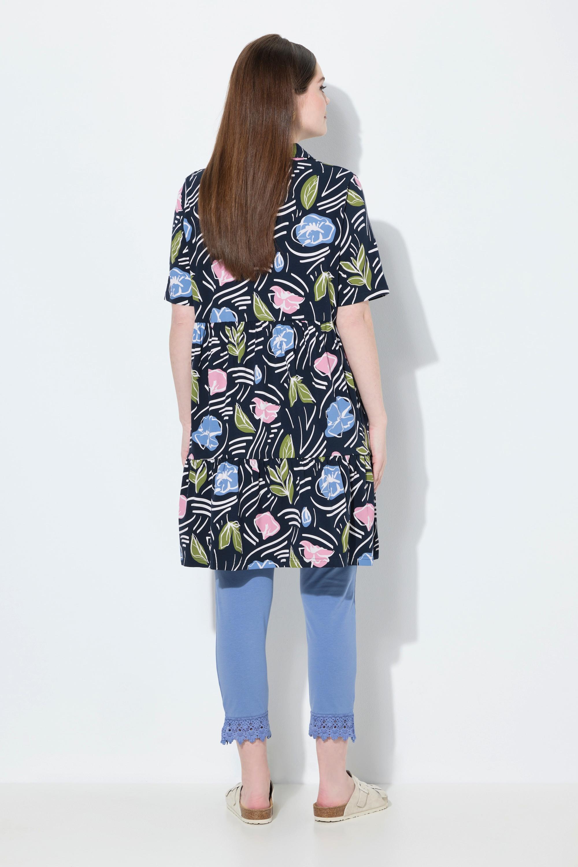 Ulla Popken Maglia Lunga Floreale Taglio Svasato Collo Polo Mezze Maniche  