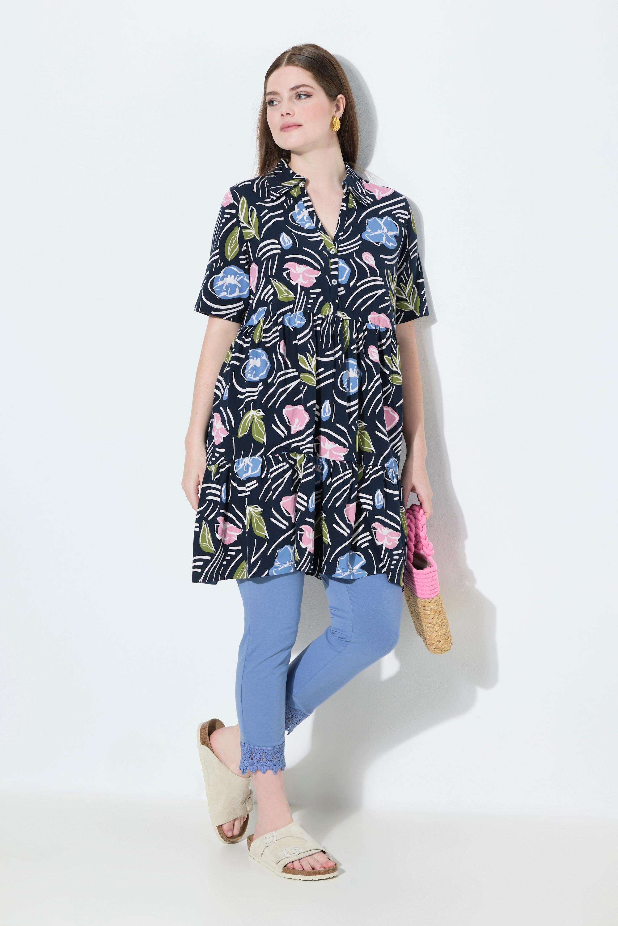 Ulla Popken Maglia Lunga Floreale Taglio Svasato Collo Polo Mezze Maniche  