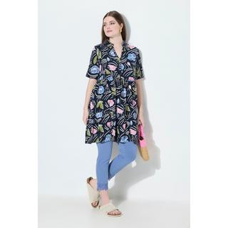 Ulla Popken Maglia Lunga Floreale Taglio Svasato Collo Polo Mezze Maniche  