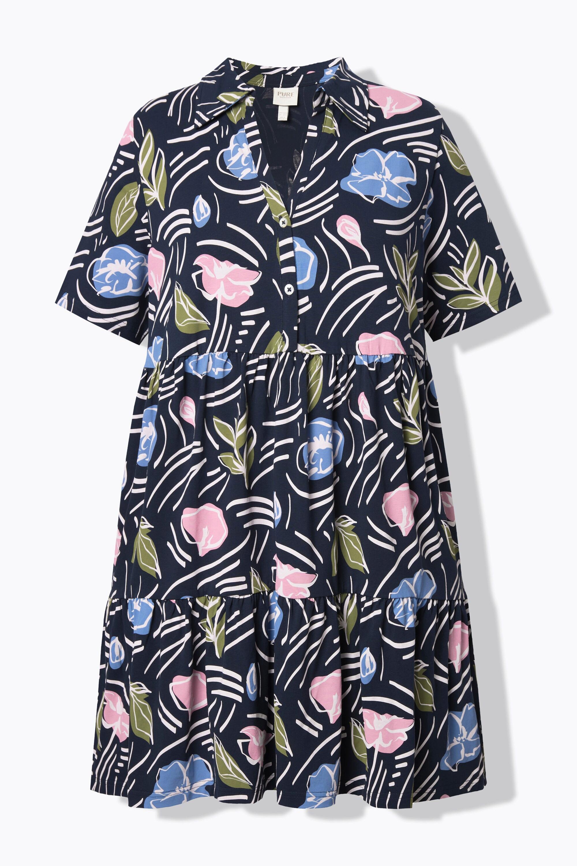 Ulla Popken Maglia Lunga Floreale Taglio Svasato Collo Polo Mezze Maniche  