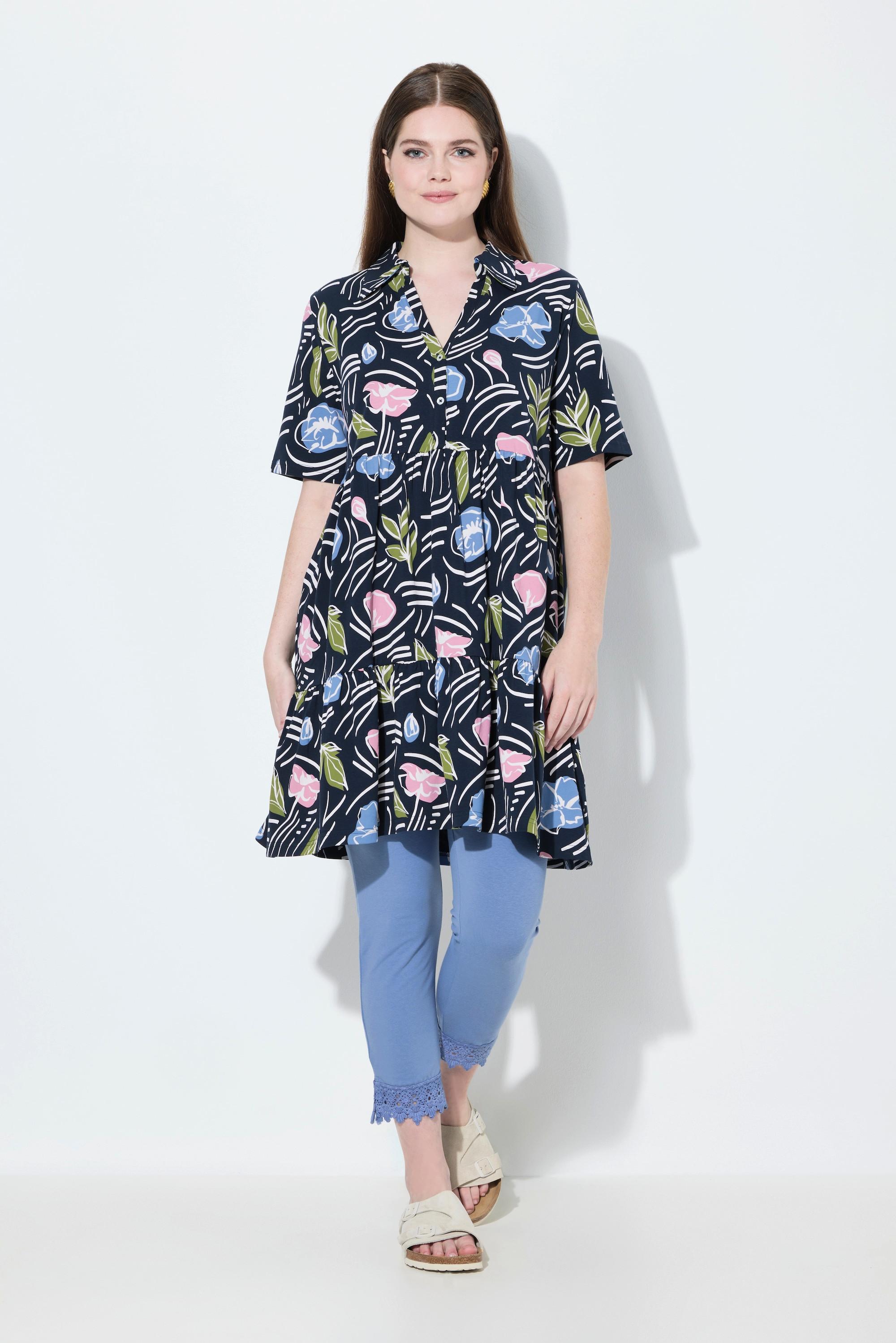 Ulla Popken Maglia Lunga Floreale Taglio Svasato Collo Polo Mezze Maniche  