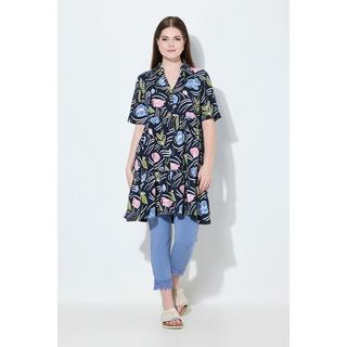 Ulla Popken Maglia Lunga Floreale Taglio Svasato Collo Polo Mezze Maniche  