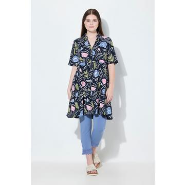 Maglia dal taglio lungo e svasato con design floreale, collo polo e mezze maniche