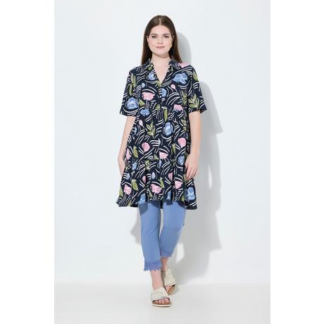 Ulla Popken Maglia Lunga Floreale Taglio Svasato Collo Polo Mezze Maniche  