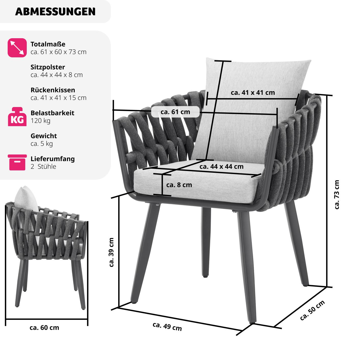 Tectake Set di 2 sedie Lugano design a corda con telaio in alluminio  