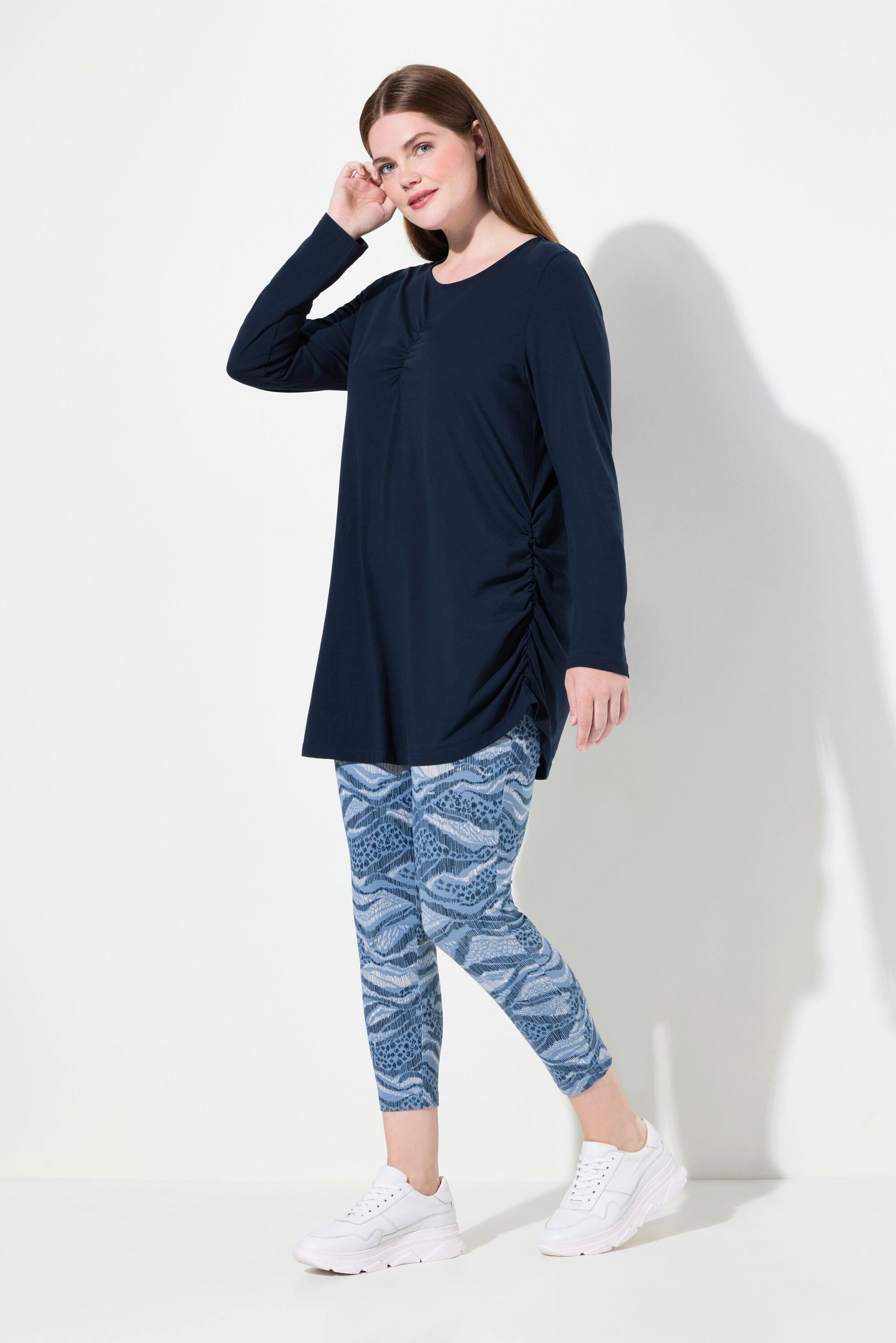 Ulla Popken  T-shirt long en coton bio, avec drapé, col rond et manches longues 