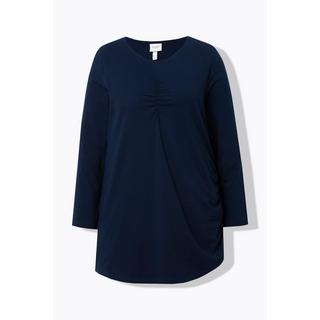 Ulla Popken  T-shirt long en coton bio, avec drapé, col rond et manches longues 