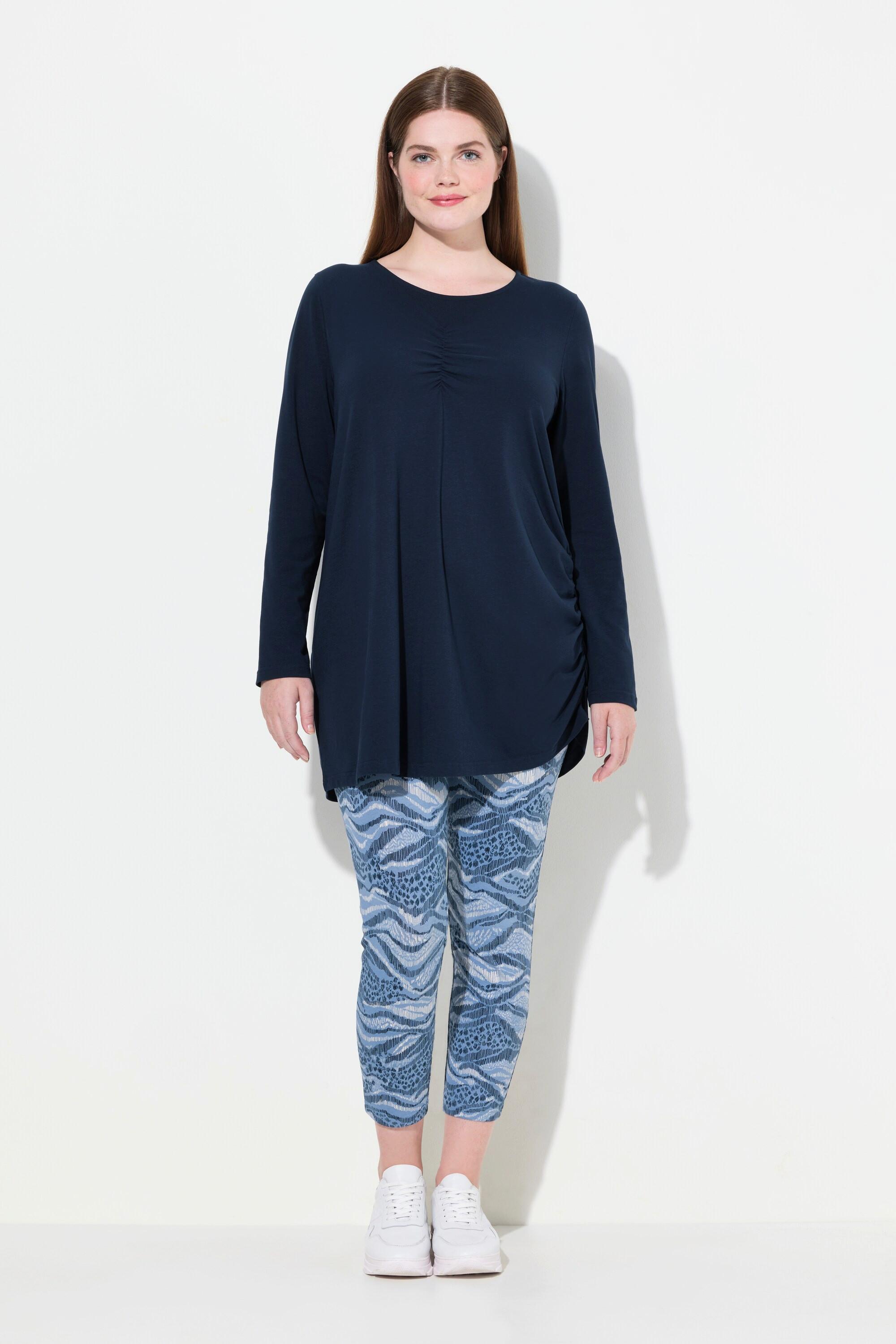 Ulla Popken  T-shirt long en coton bio, avec drapé, col rond et manches longues 