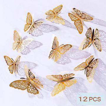 12 pièces 3D papillons stickers muraux déco or