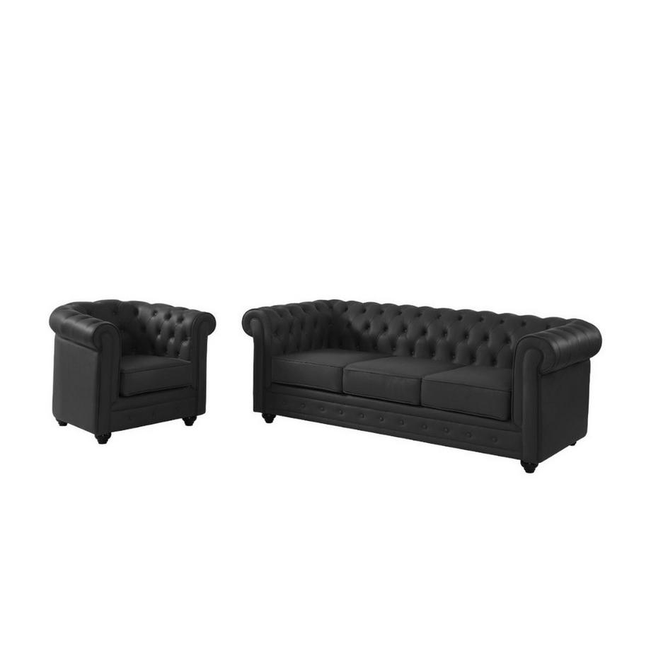 Vente-unique Divano 3 posti e poltrona in Pelle di bufalo Nera CHESTERFIELD  
