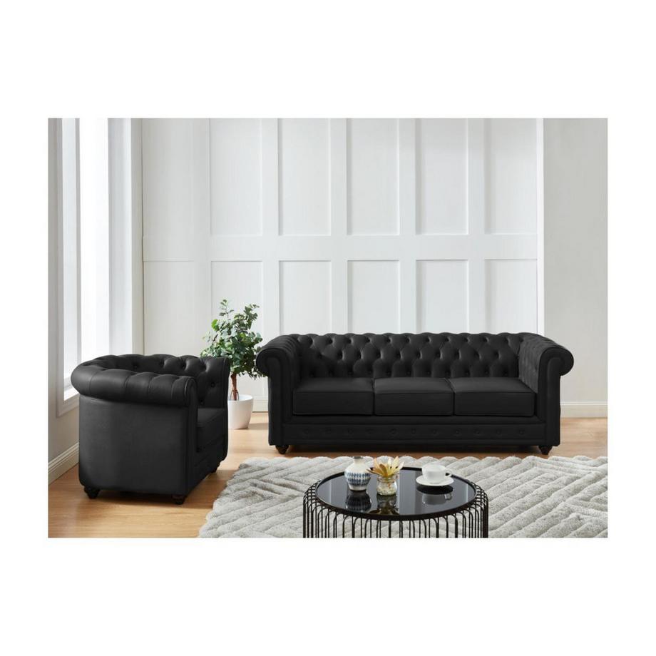Vente-unique Divano 3 posti e poltrona in Pelle di bufalo Nera CHESTERFIELD  