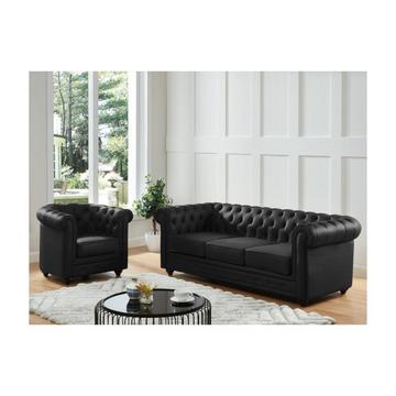Divano 3 posti e poltrona in Pelle di bufalo Nera CHESTERFIELD