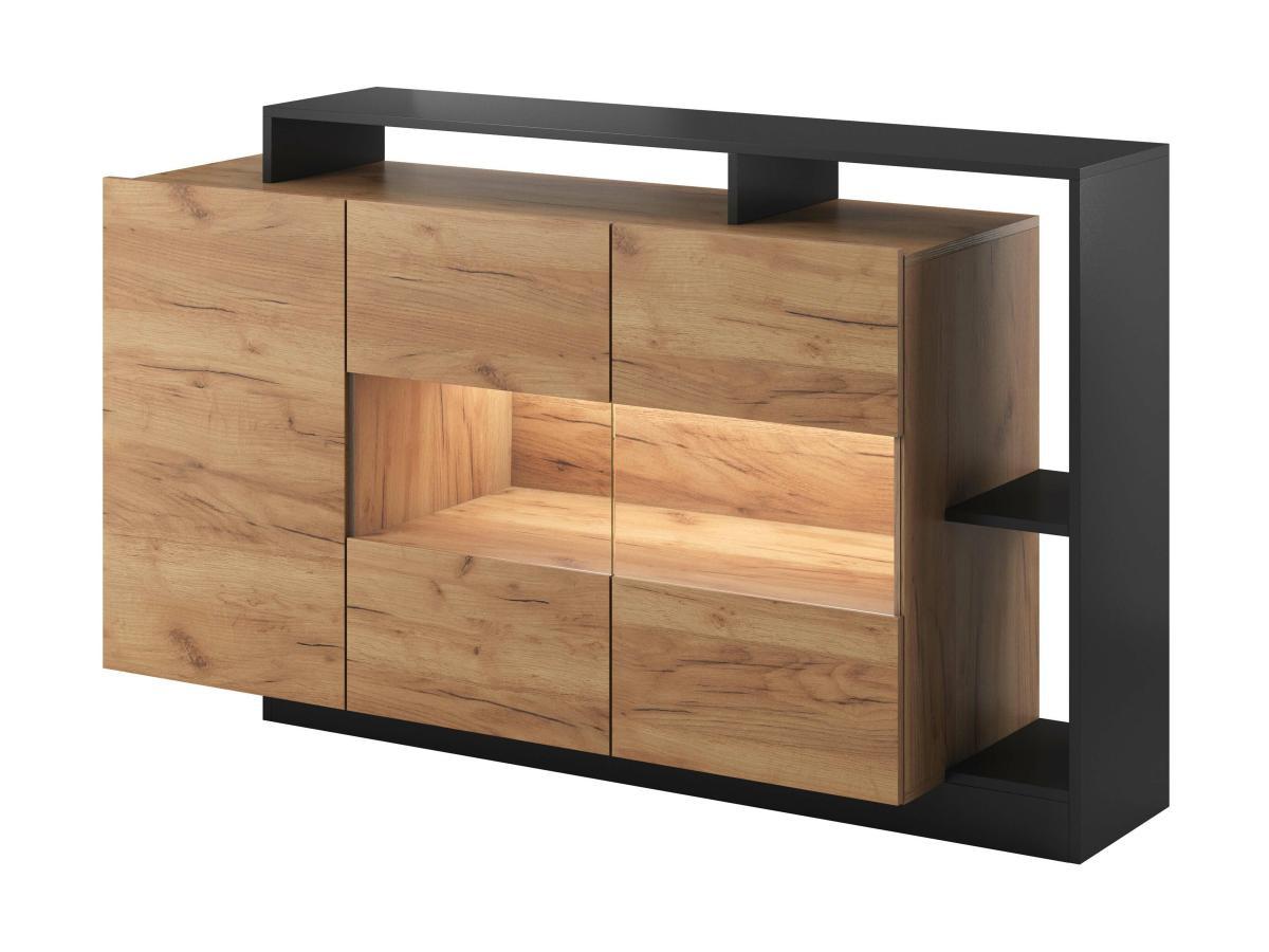 Vente-unique Buffet 3 portes et 3 niches avec LEDs - Coloris : Naturel et anthracite - IDESIA  