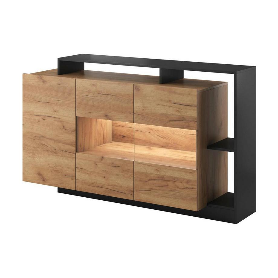 Vente-unique Credenza 3 ante e 3 nicchie con LED Naturale e Antracite - IDESIA  