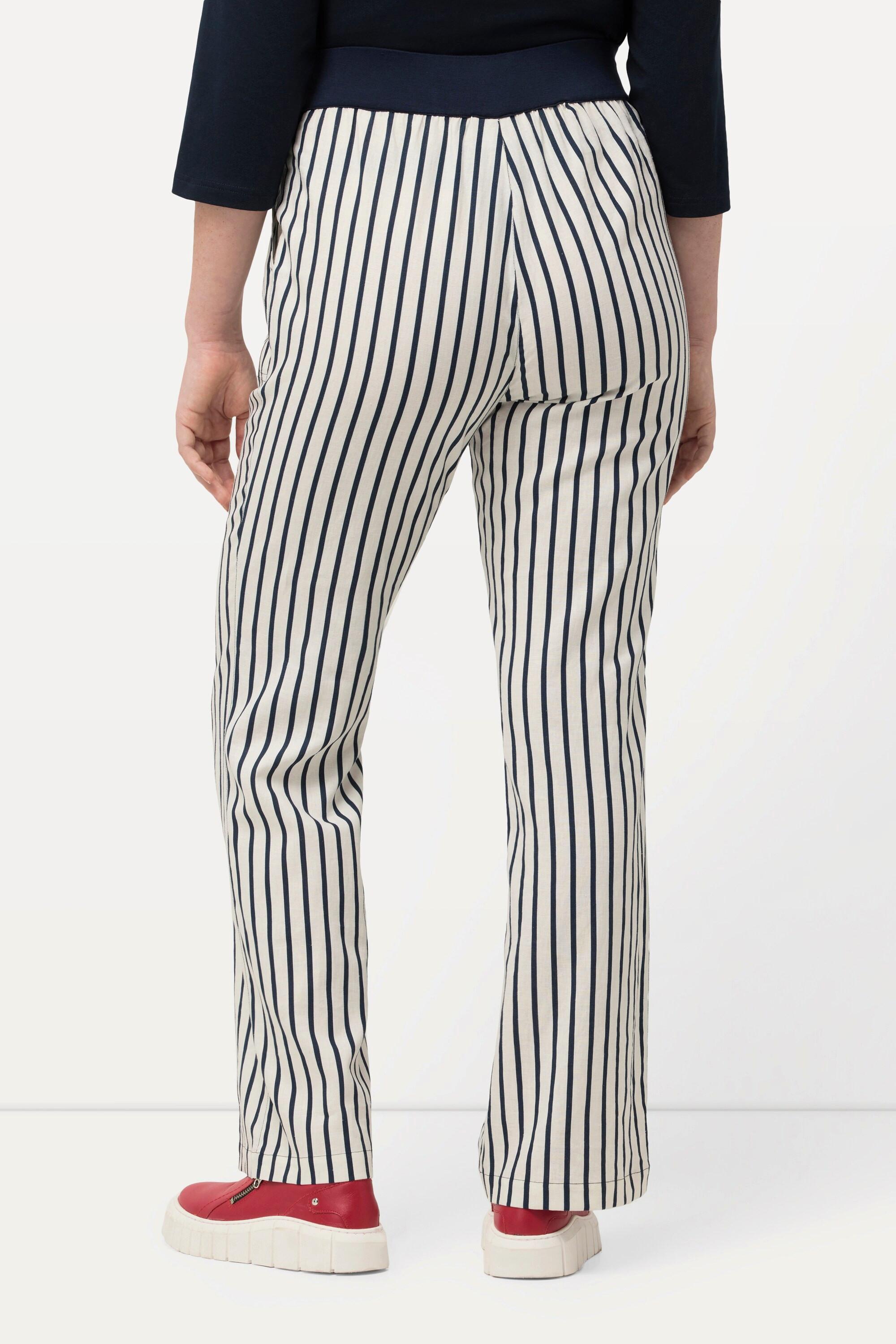 Ulla Popken  Pantaloni in misto lino modello Mary con righe, taglio della gamba ampio e cintura elastica 