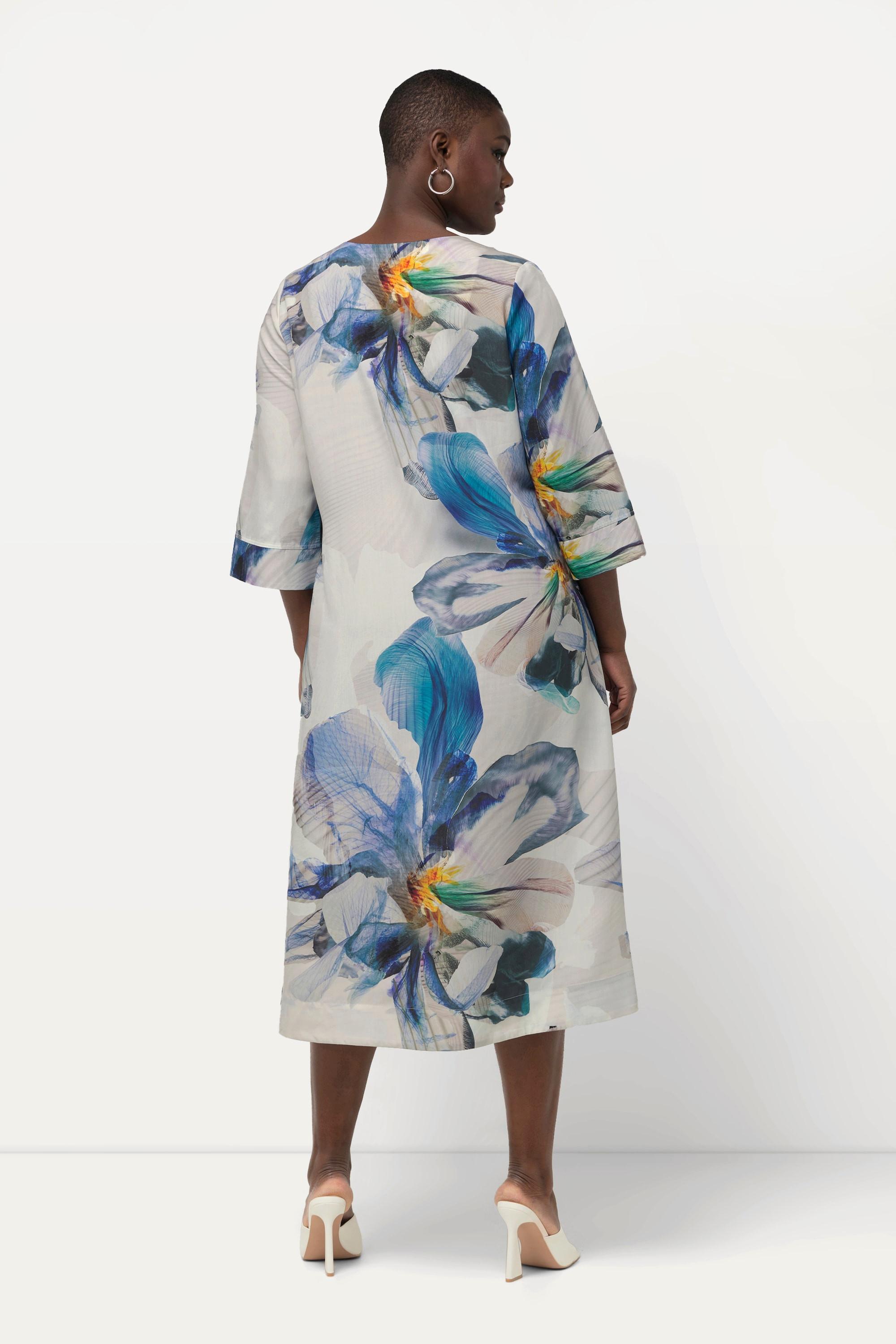 Ulla Popken Abito Midi Taglio Svasato Scollo a V Maniche 3/4  