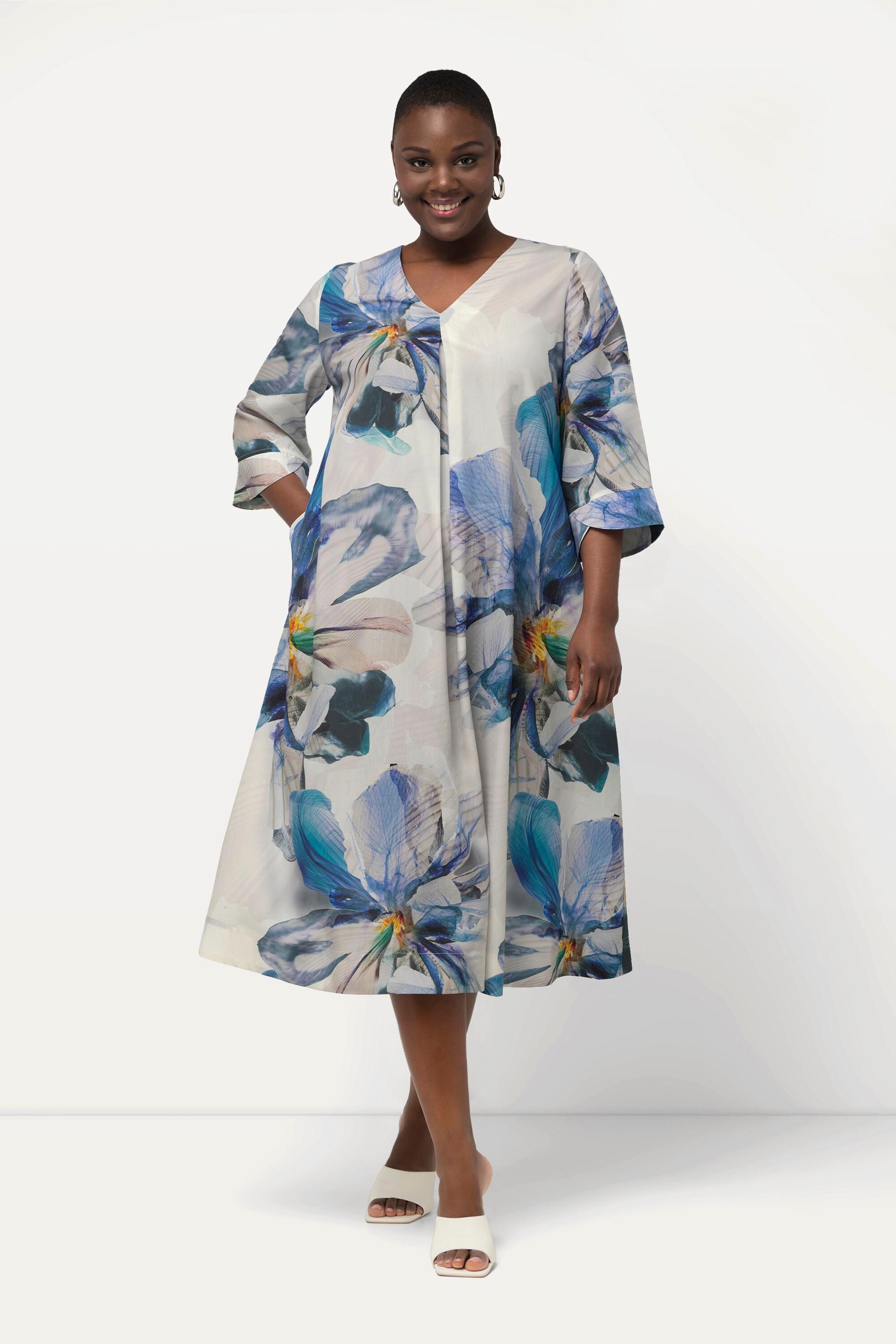 Ulla Popken Abito Midi Taglio Svasato Scollo a V Maniche 3/4  