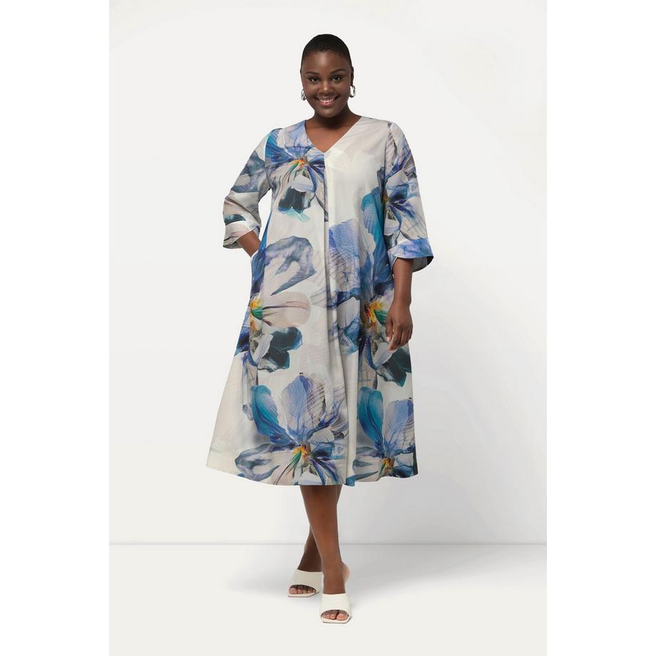 Ulla Popken Midikleid A-Linie V-Ausschnitt 3/4-Arm  