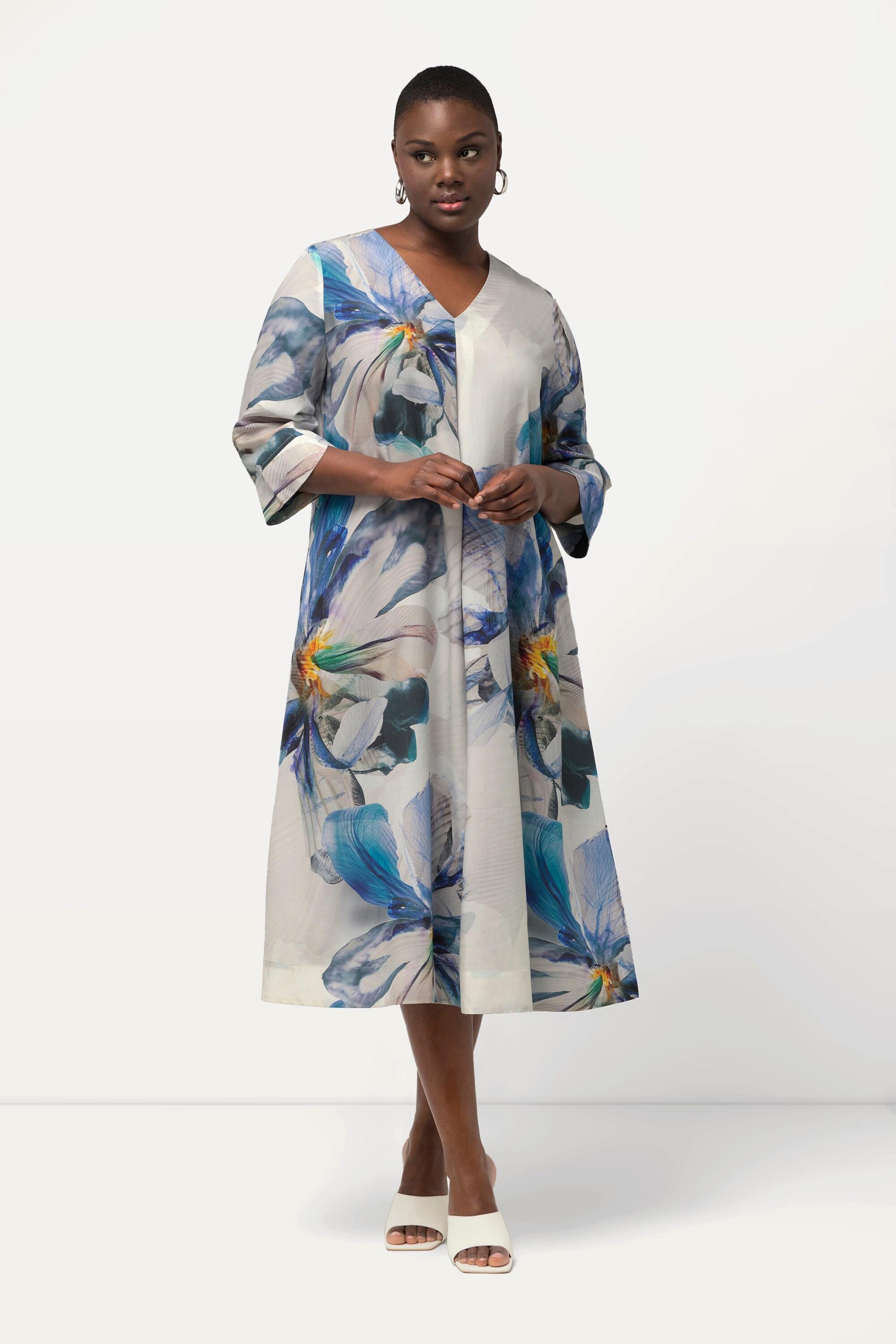 Ulla Popken Abito Midi Taglio Svasato Scollo a V Maniche 3/4  