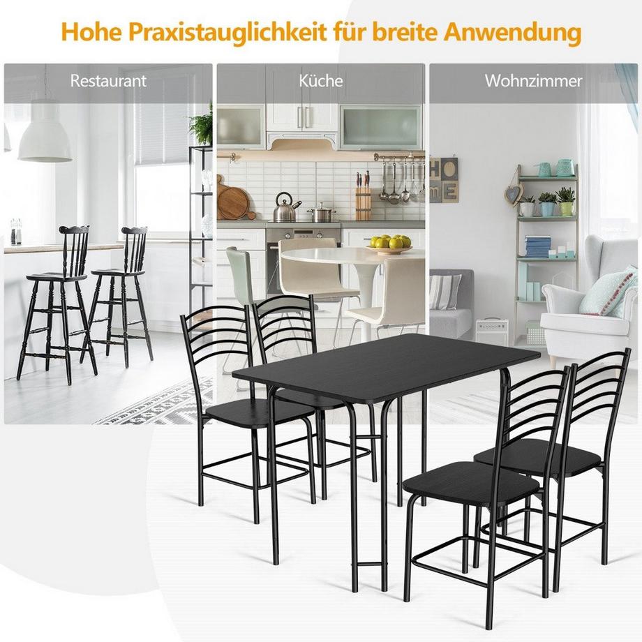 Northix  5 teiliges Esstisch Set rechteckiger Küchentisch mit 4 Stühle Essgruppe Metallrahmen Sitzgruppe Esszimmertisch 4 Personen platzsparend Schwarz 