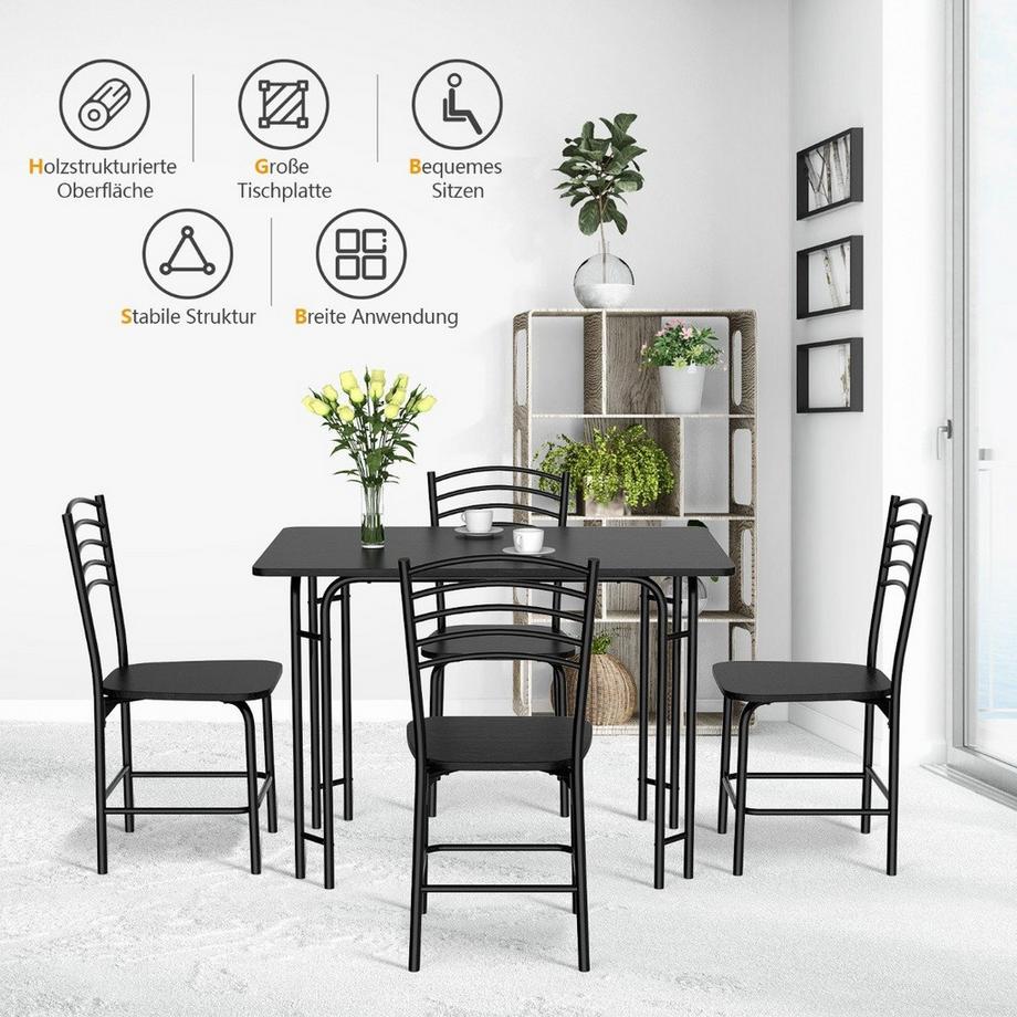 Northix  5 teiliges Esstisch Set rechteckiger Küchentisch mit 4 Stühle Essgruppe Metallrahmen Sitzgruppe Esszimmertisch 4 Personen platzsparend Schwarz 