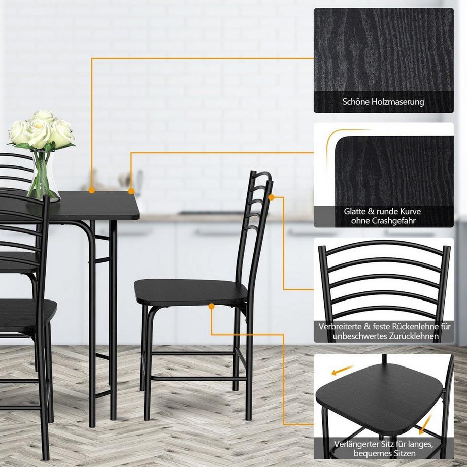 Northix  5 teiliges Esstisch Set rechteckiger Küchentisch mit 4 Stühle Essgruppe Metallrahmen Sitzgruppe Esszimmertisch 4 Personen platzsparend Schwarz 