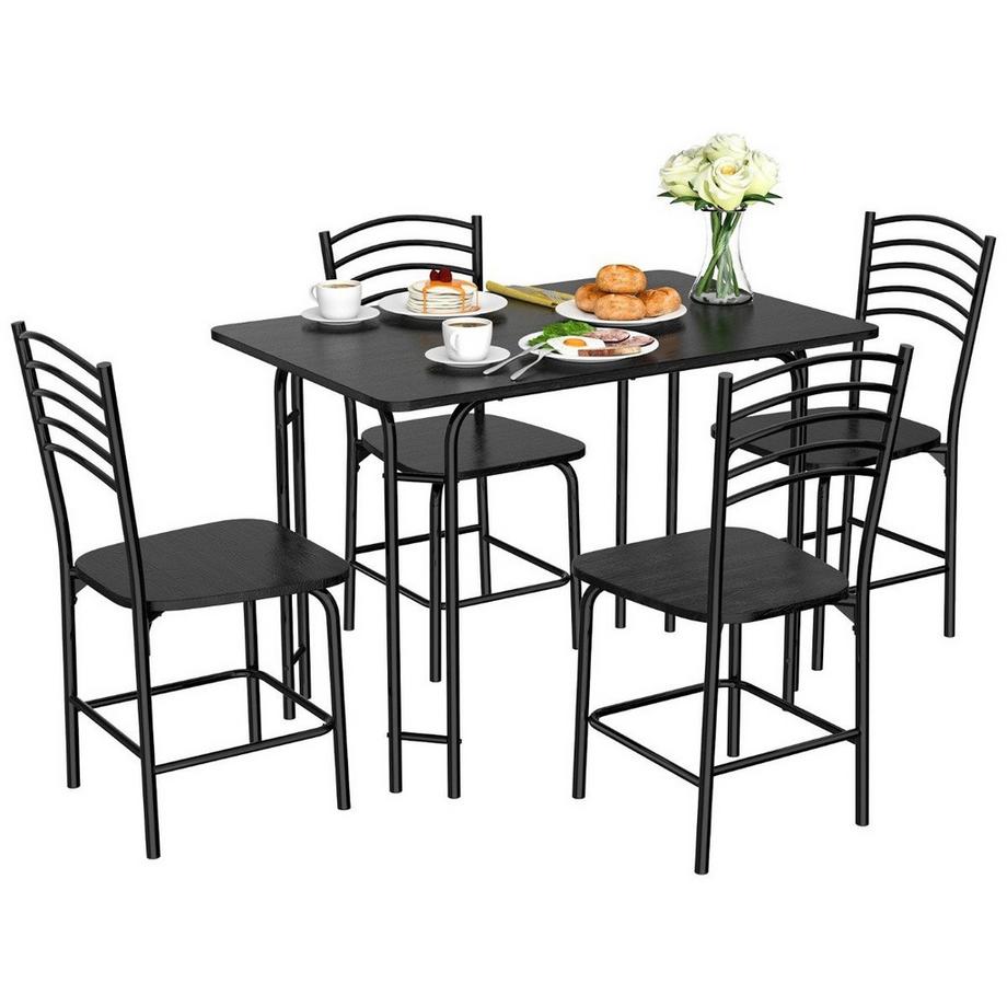 Northix  5 teiliges Esstisch Set rechteckiger Küchentisch mit 4 Stühle Essgruppe Metallrahmen Sitzgruppe Esszimmertisch 4 Personen platzsparend Schwarz 