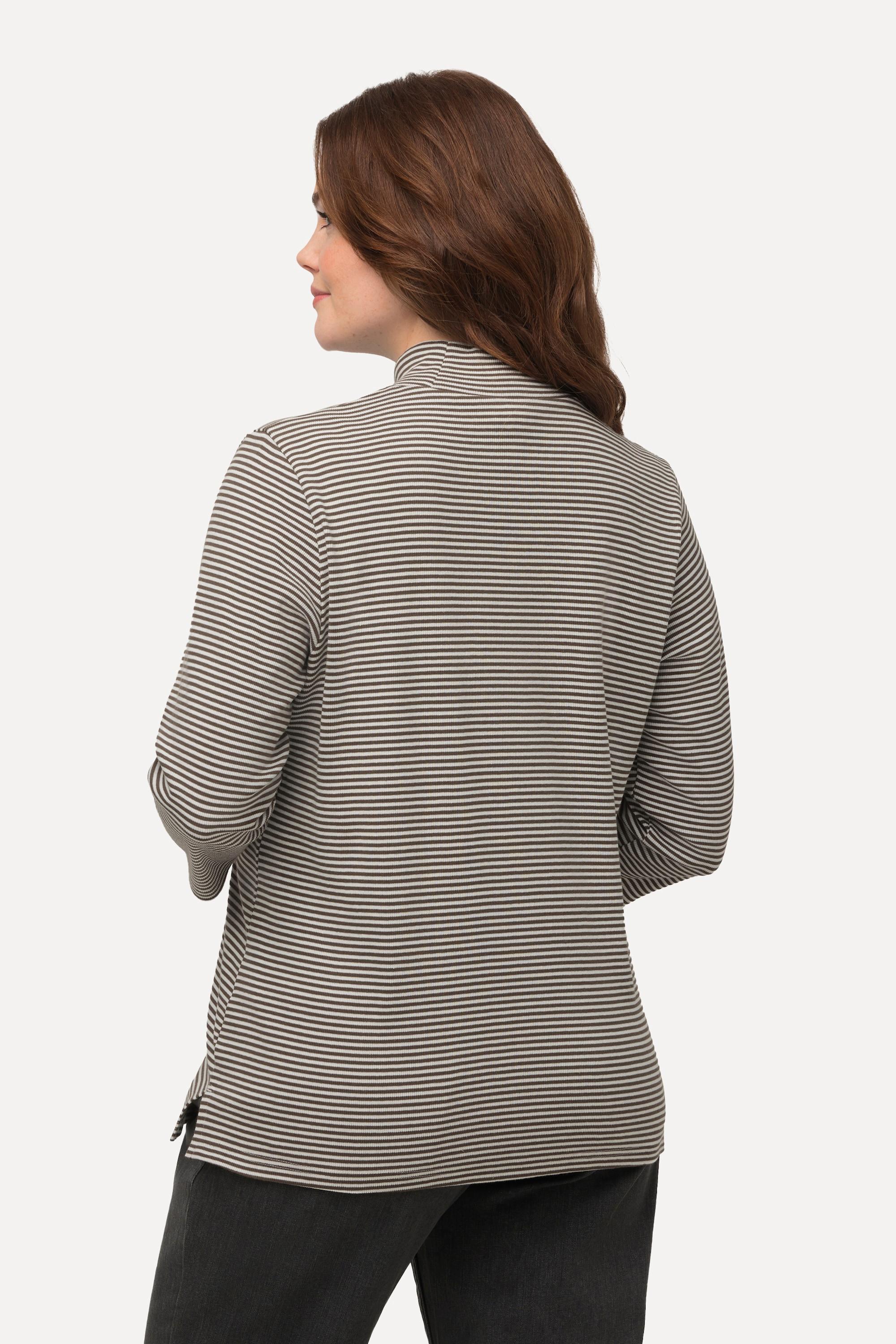 Ulla Popken  Shirt, Ringel, Stehkragen, Slim, 3/4-Arm, Biobaumwolle 