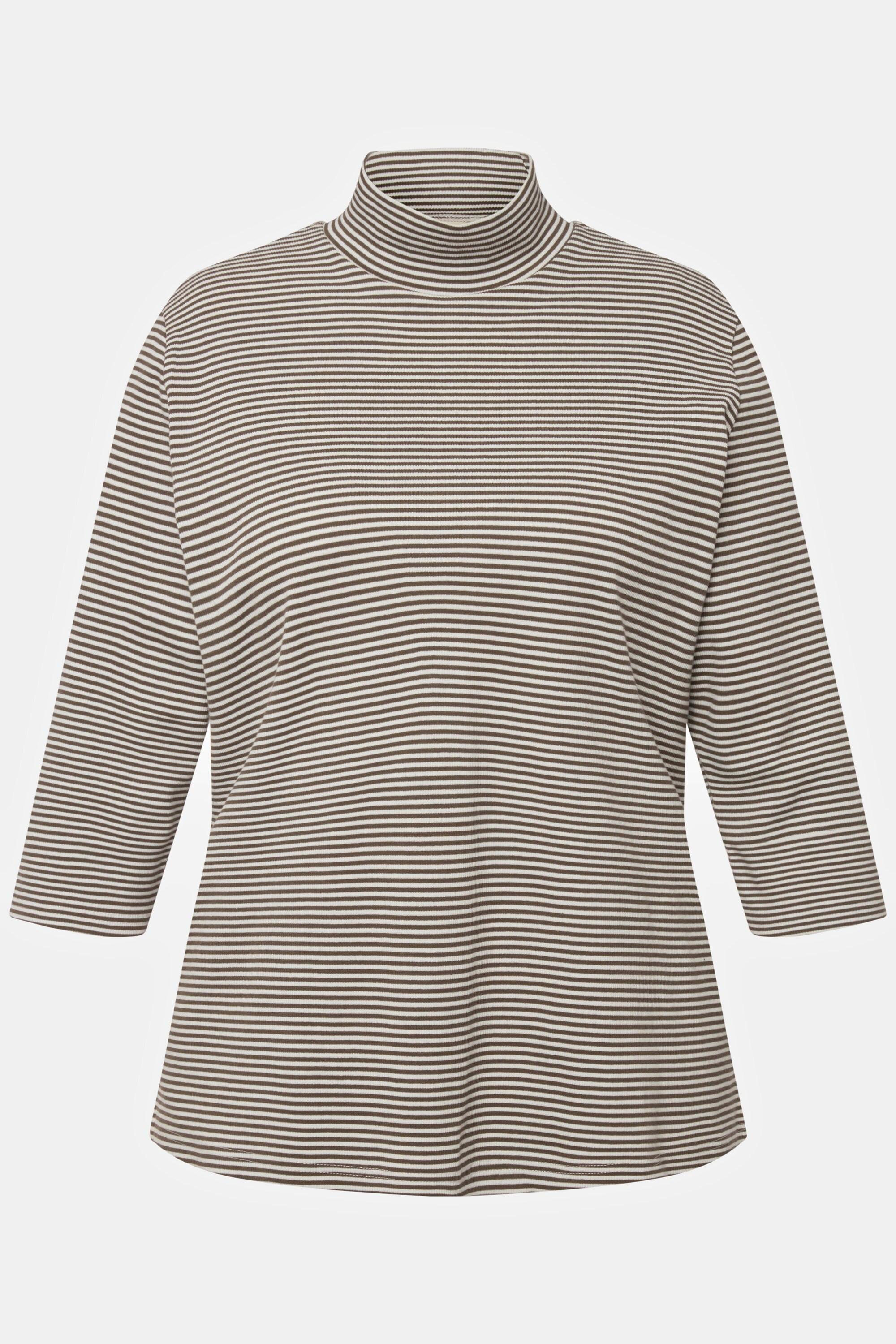 Ulla Popken  Shirt, Ringel, Stehkragen, Slim, 3/4-Arm, Biobaumwolle 