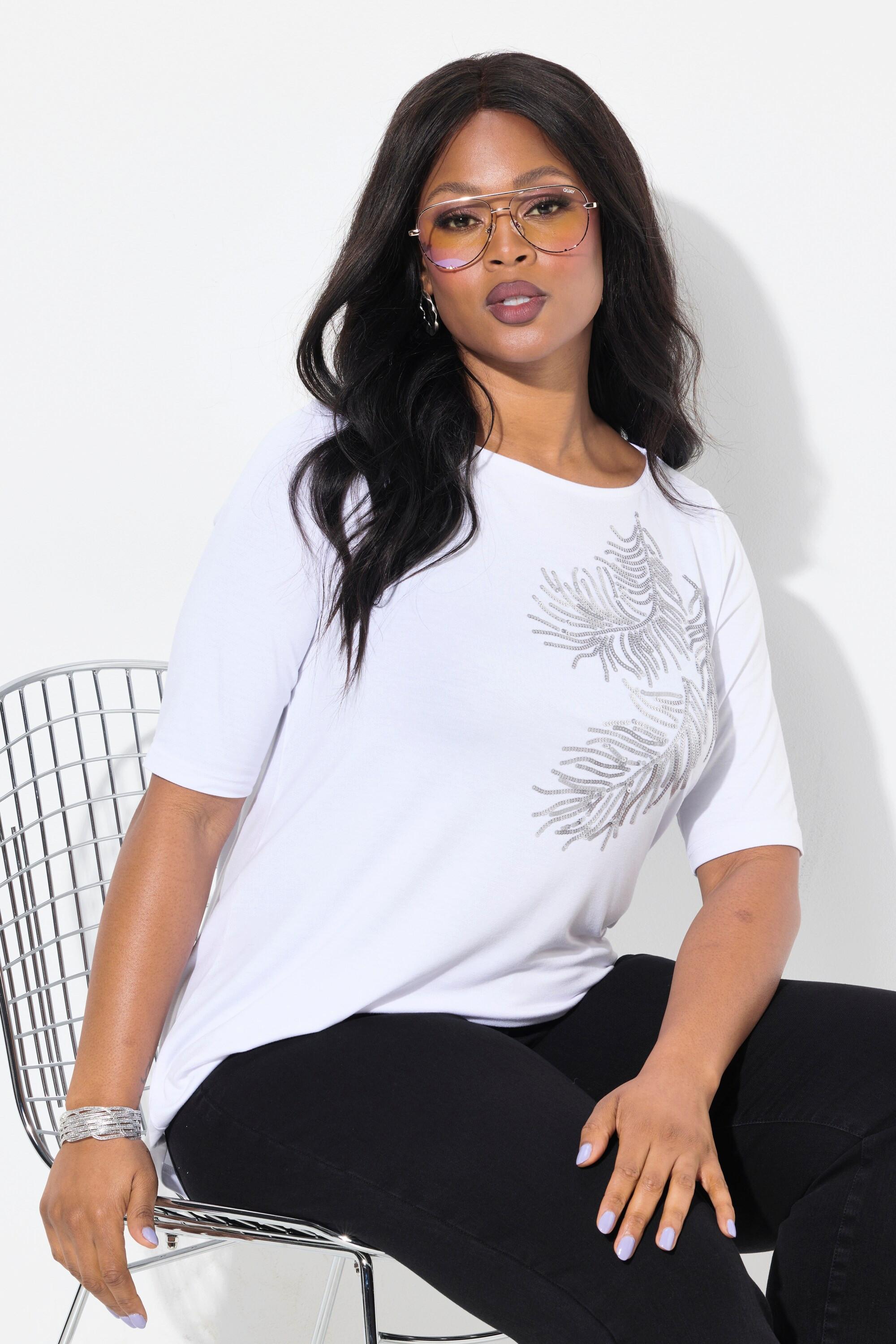 Ulla Popken  T-shirt manches courtes et décolleté bateau, feuille avec paillettes 