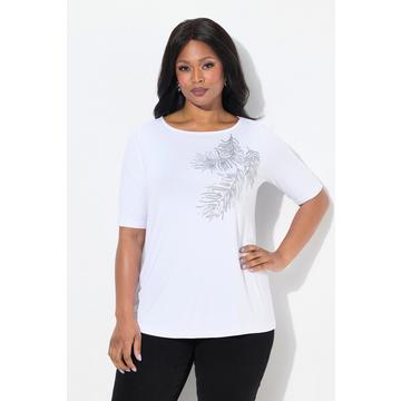 T-shirt manches courtes et décolleté bateau, feuille avec paillettes