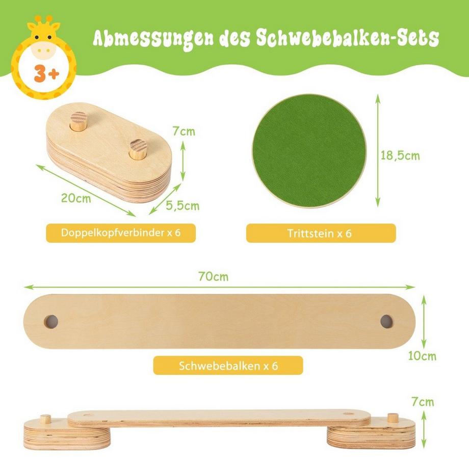 Northix  12 tlg. Balancierbalken mit 6 Balanciersteine frei kombinierbar aus Holz für Kinder 