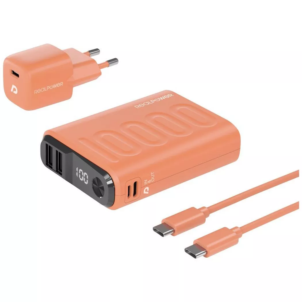 RealPower - Powerbank PB-10000 +20W USB-Lader, Orange, One Size