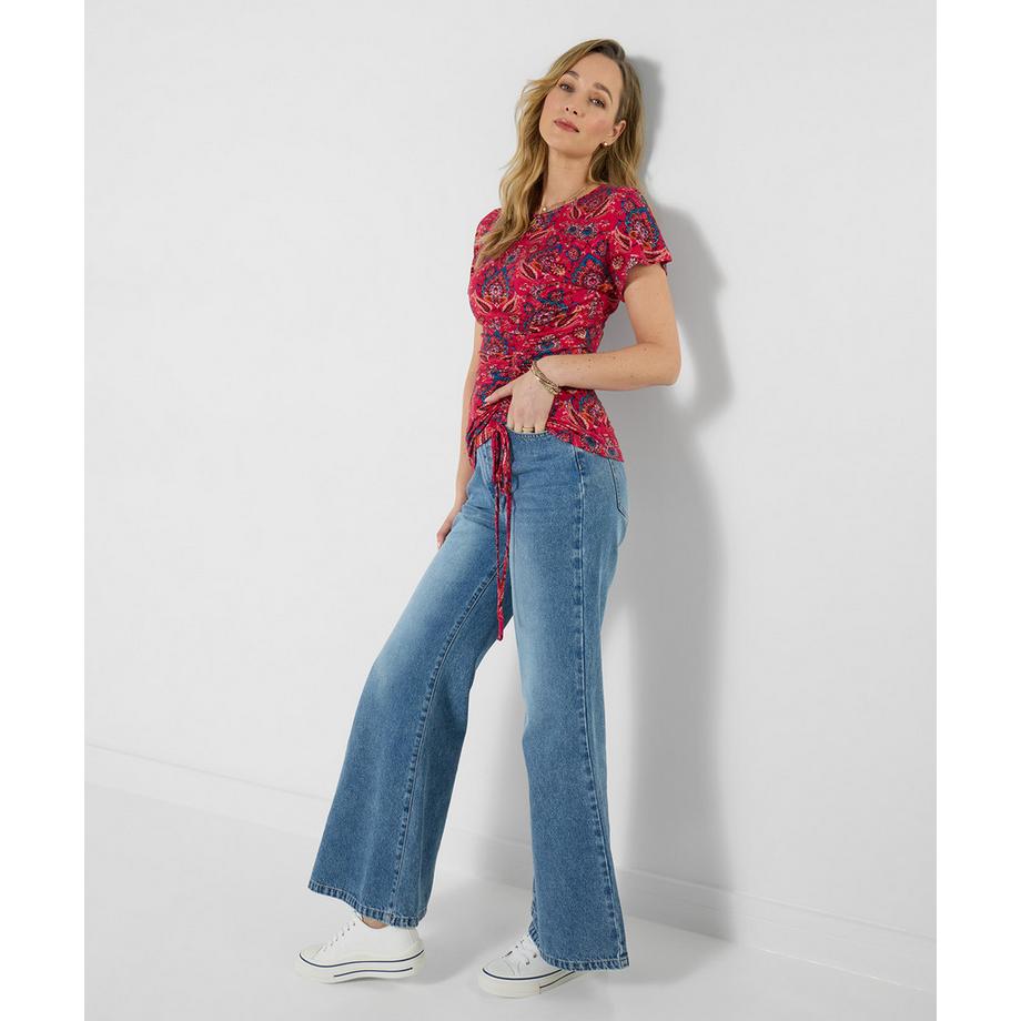 Jersey-Oberteil mit gerafften Seiten und Mandala-Muster