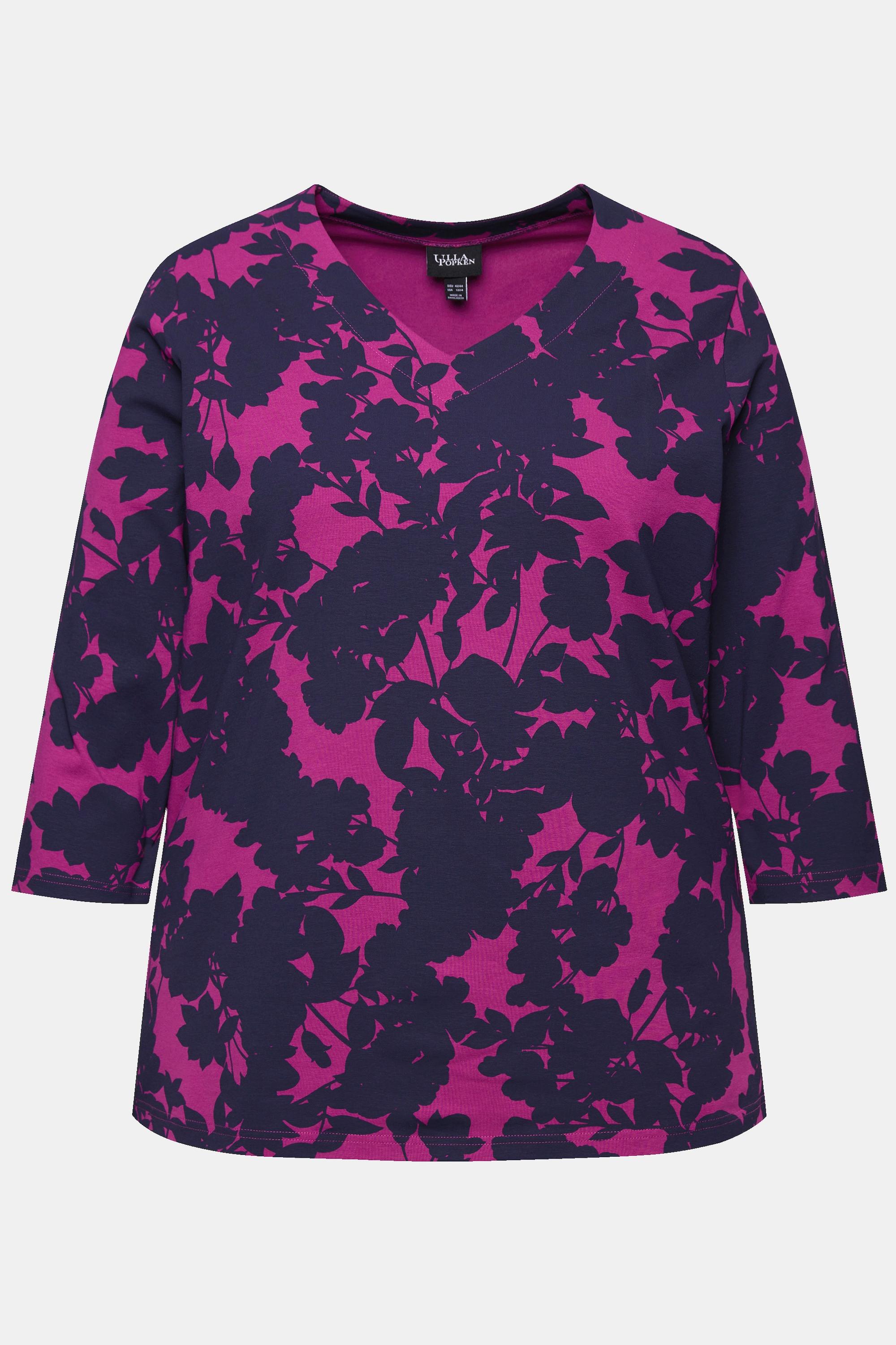 Ulla Popken  T-shirt à fleurs, décolleté en V, manches 3/4 