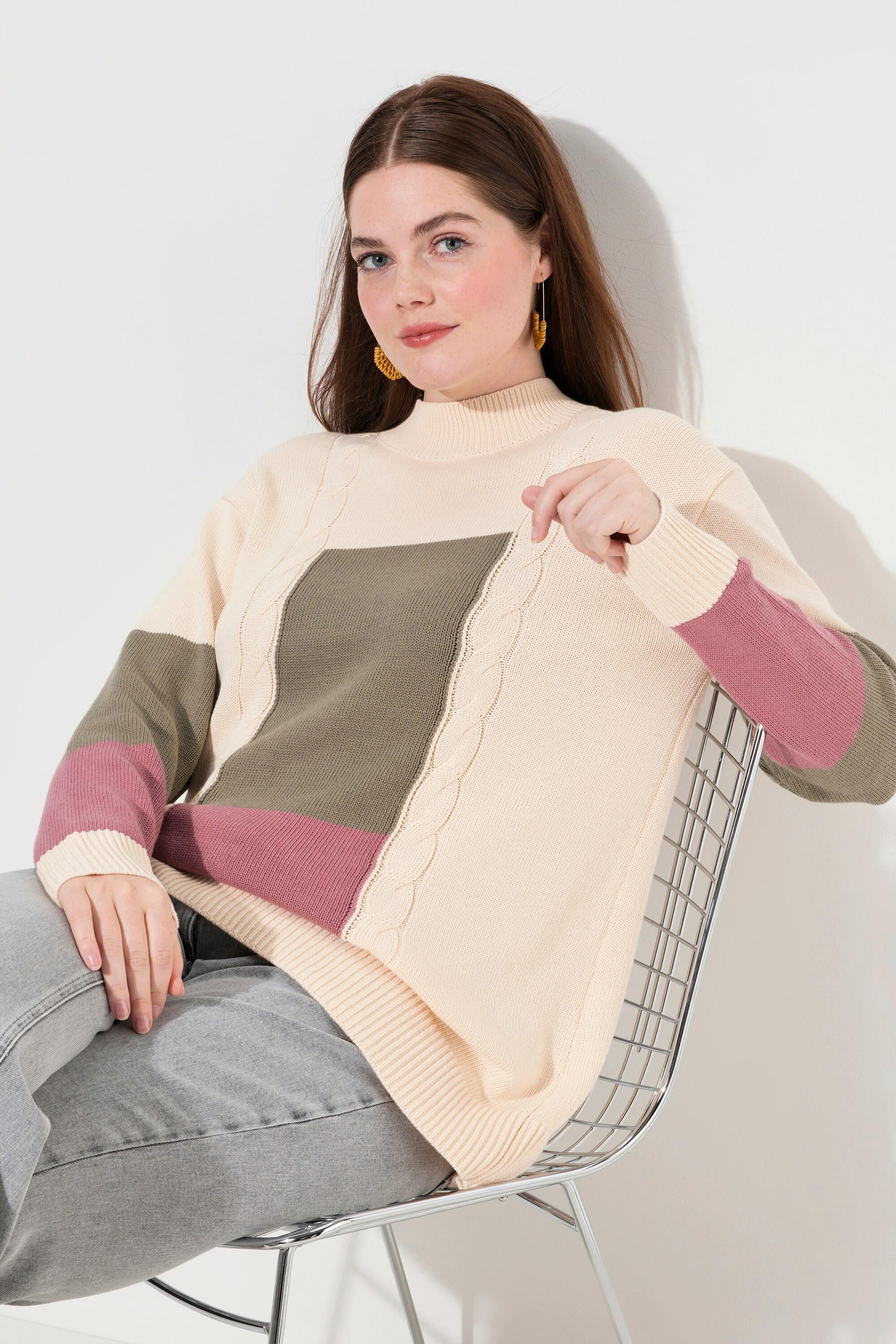 Ulla Popken  Pull en coton bio, col montant et manches longues, esprit « colour block » 