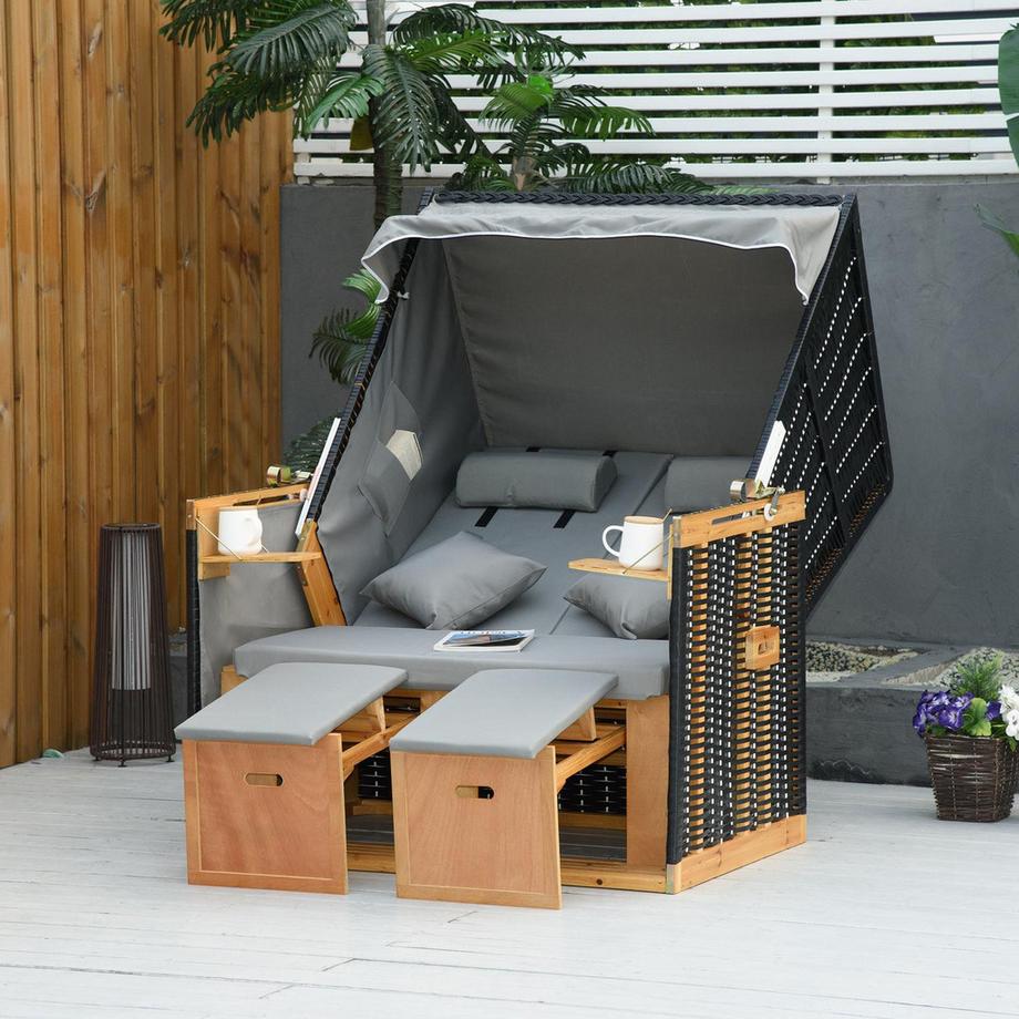 Northio Strandkorb Volllieger Gartenliege Mit Getränkehaltern, Pe-Rattan, Hellgrau, 118X79X160Cm  