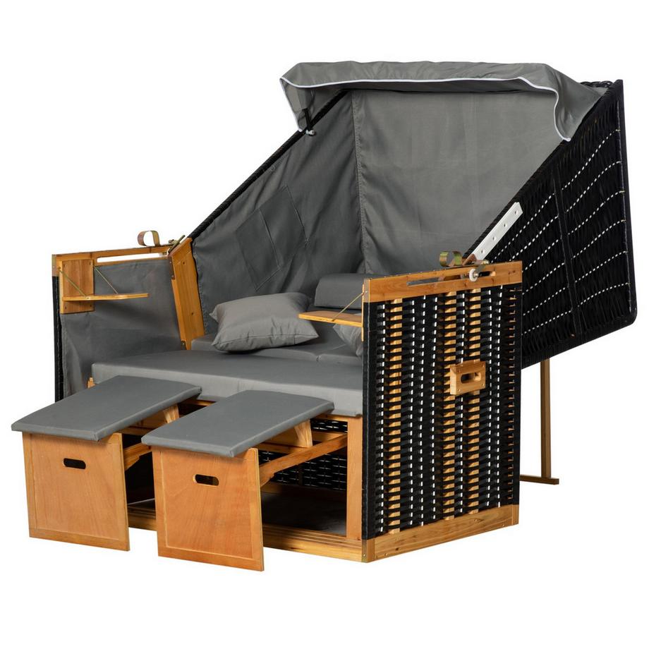 Strandkorb Volllieger Gartenliege Mit Getränkehaltern, Pe-Rattan, Hellgrau, 118X79X160Cm