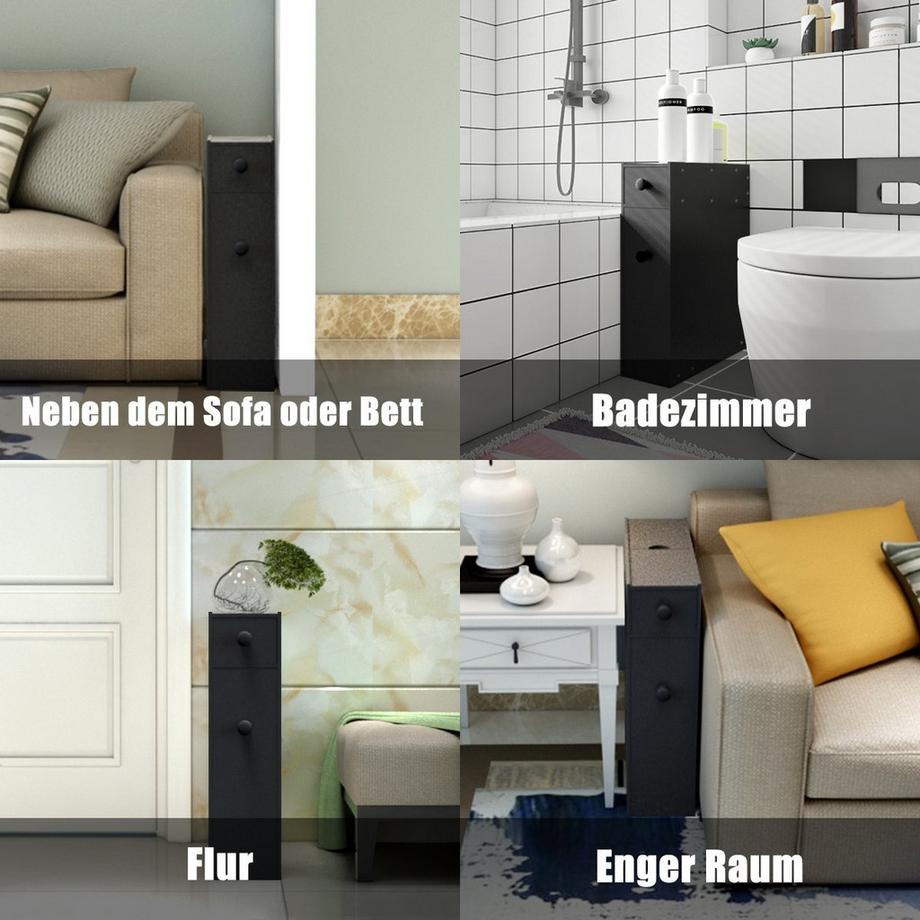 B2X Étagère de niche étroite avec tiroirs, meuble de salle de bain en bois, meuble latéral noir  