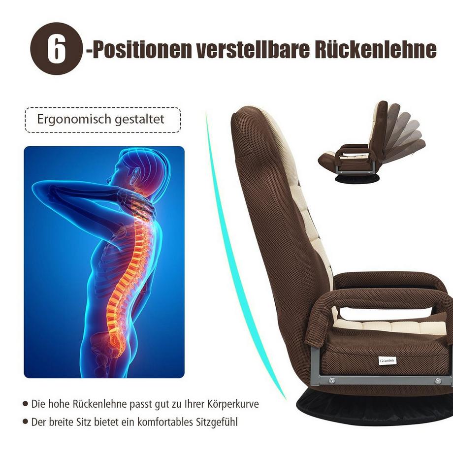 Northio Verstellbarer 6-Positionen-Bodenstuhl Fußbodensessel mit Drehfuß 61-87 x 55 x 75 cm Beide + Braun  