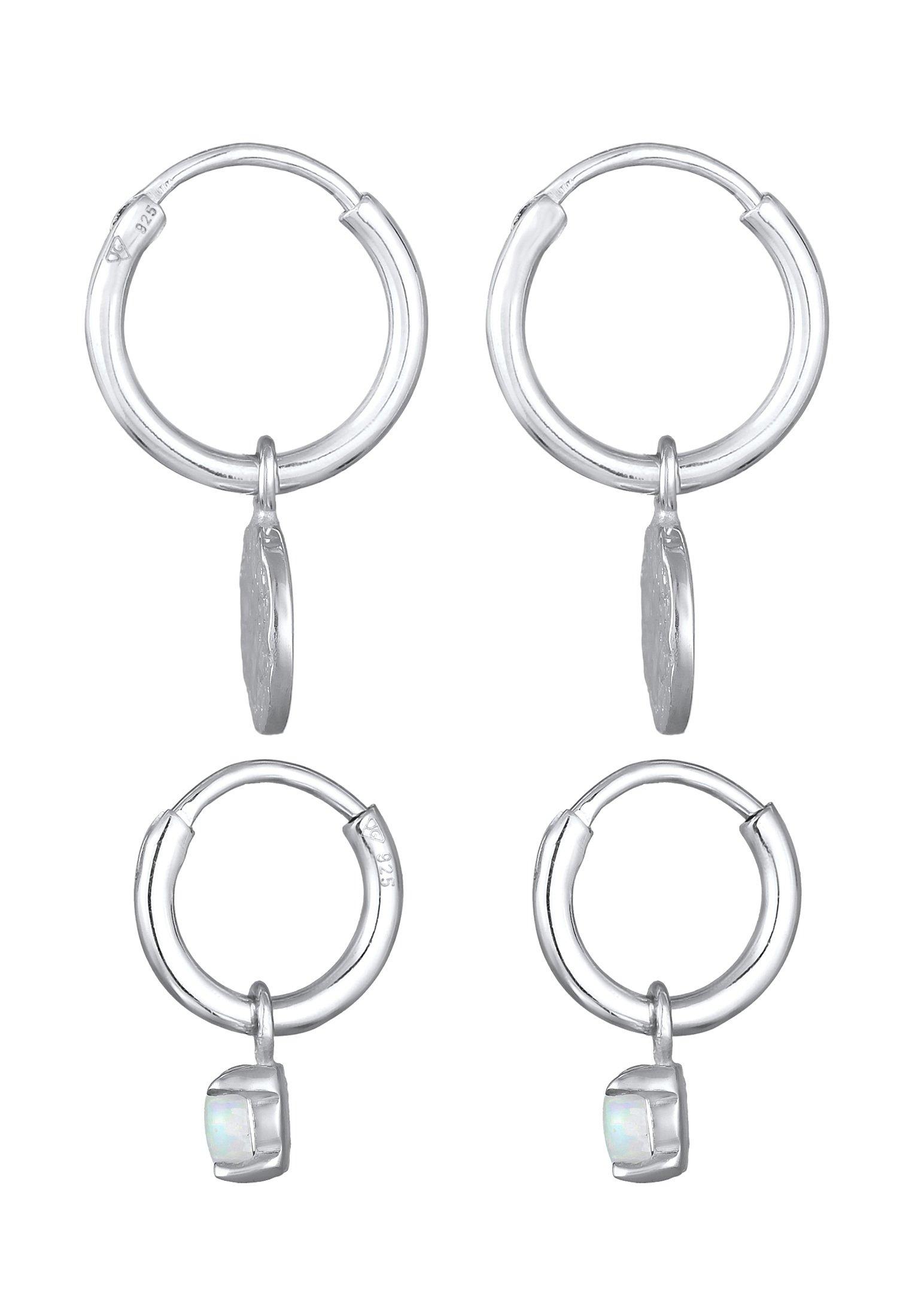 Elli  Boucles d'Oreilles Creolen Plättchen Opal Edelstein 2Er Set 925 Silber 