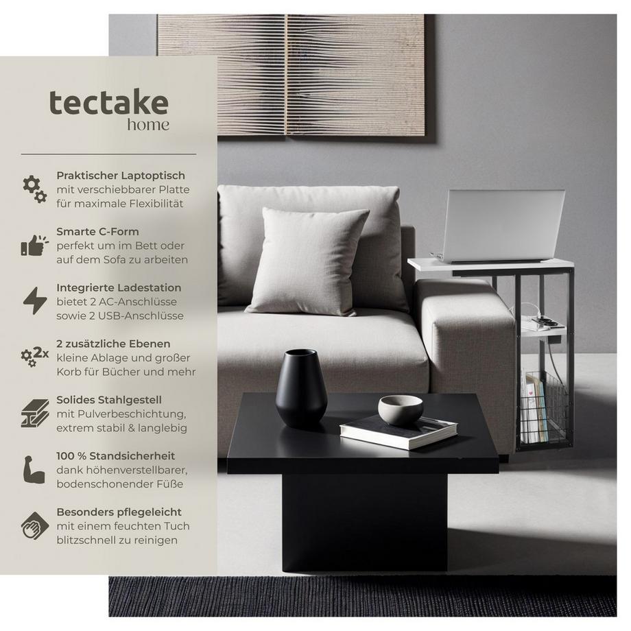 Tectake Table d'appoint pour ordinateur portable RHEA avec station de charge intégrée avec port USB et AC et plateau de table coulissant  