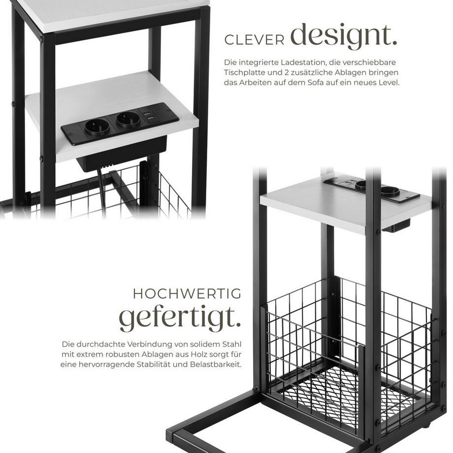 Tectake Table d'appoint pour ordinateur portable RHEA avec station de charge intégrée avec port USB et AC et plateau de table coulissant  