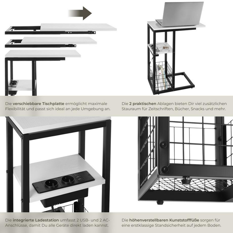Tectake Table d'appoint pour ordinateur portable RHEA avec station de charge intégrée avec port USB et AC et plateau de table coulissant  