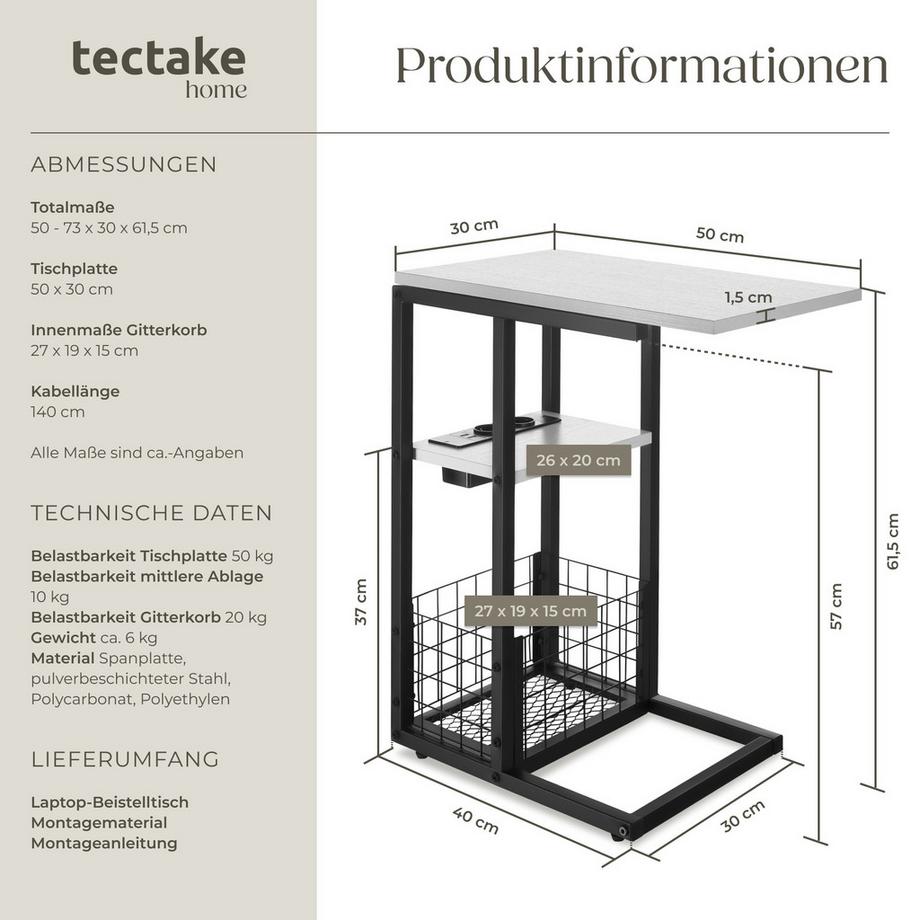 Tectake Table d'appoint pour ordinateur portable RHEA avec station de charge intégrée avec port USB et AC et plateau de table coulissant  