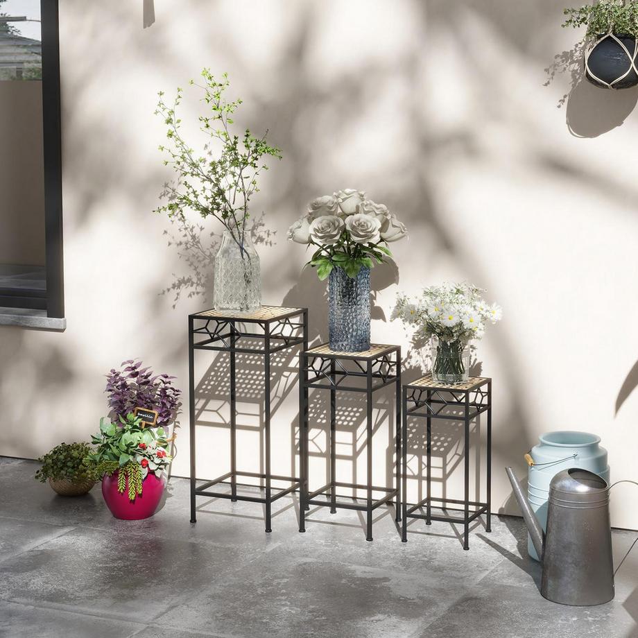 Northio 3-Tlg. Pflanzenständer Stapelbarer Blumenhocker Blumentopfhalter Mit Rattanoptik Pflanzenhocker Für Garten Balkon Metall Gold  